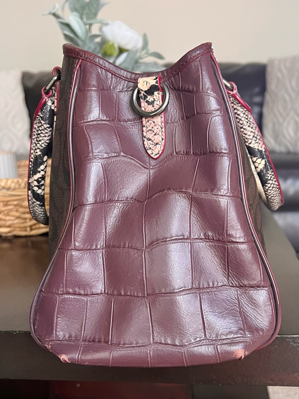 COACH MARGOT Embossed Snake Leather Signature Satchel Dark Brown/Burgundy - Picture 5 of 16